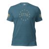 A Women's 1776 Betsy Ross Flag T-Shirt with gold text and stars.