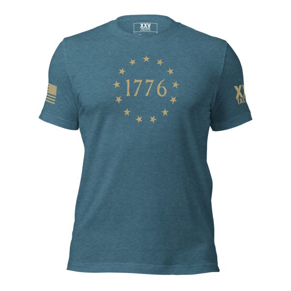 A Women's 1776 Betsy Ross Flag T-Shirt with gold text and stars.