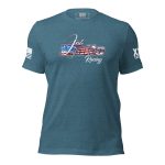 Women's Josh White Racing Tee with an American flag on it.