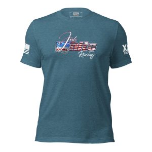 Women's Josh White Racing Tee with an American flag on it.