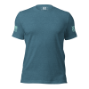 A women's blue crew neck t-shirt with an American flag on the front.