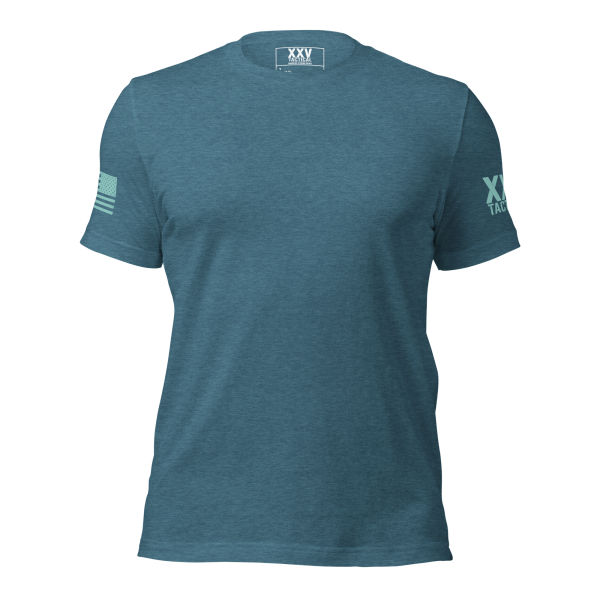 A women's blue crew neck t-shirt with an American flag on the front.