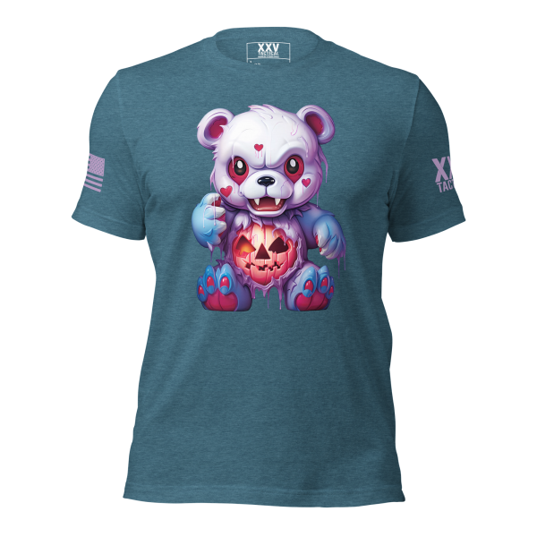 A Women's Halloween Bear tee with an image of a teddy bear holding an American flag.