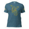 A blue Women's Saint Michael defeating Satan Tee with an image of Saint Michael riding a horse triumphantly.