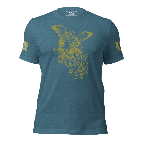 A blue Women's Saint Michael defeating Satan Tee with an image of Saint Michael riding a horse triumphantly.
