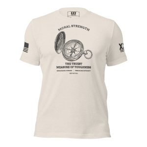A Men's Moral Strength T-Shirt featuring a compass image, symbolizing moral strength.