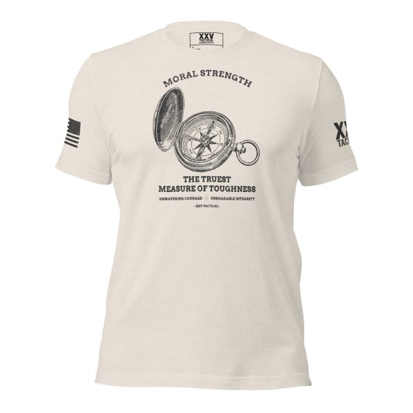 A Men's Moral Strength T-Shirt featuring a compass image, symbolizing moral strength.