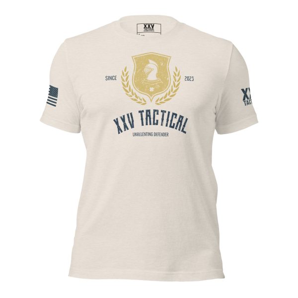 A Men's Unrelenting Defender Tee with the word "tactical" printed on it.