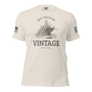 A Men's Vintage Born Salty Tee featuring an image of a ship and an American flag.