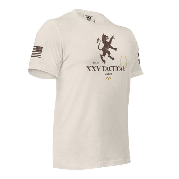 A Men's Vintage XXV Tactical T-Shirt featuring an American flag combined with a lion motif, perfect for men seeking a patriotic and powerful look.