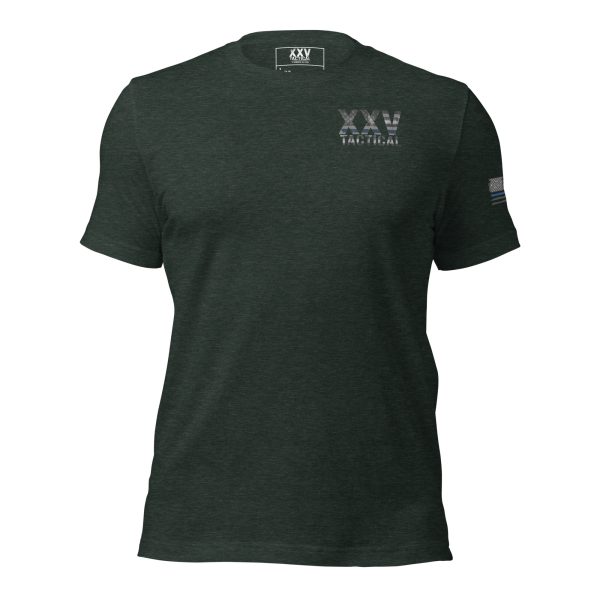 A green t-shirt with the word XXV Tactical Thin Blue Line on it, featuring a Thin Blue Line design.