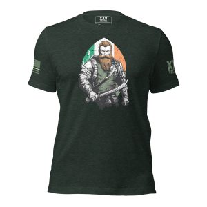 A Men's Irish American Pride T-Shirt, with a bearded man holding a sword, perfect for Irish men.