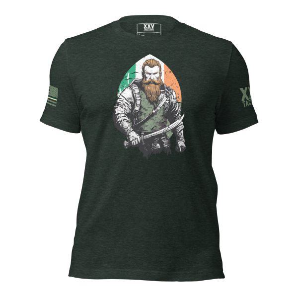A Men's Irish American Pride T-Shirt, with a bearded man holding a sword, perfect for Irish men.