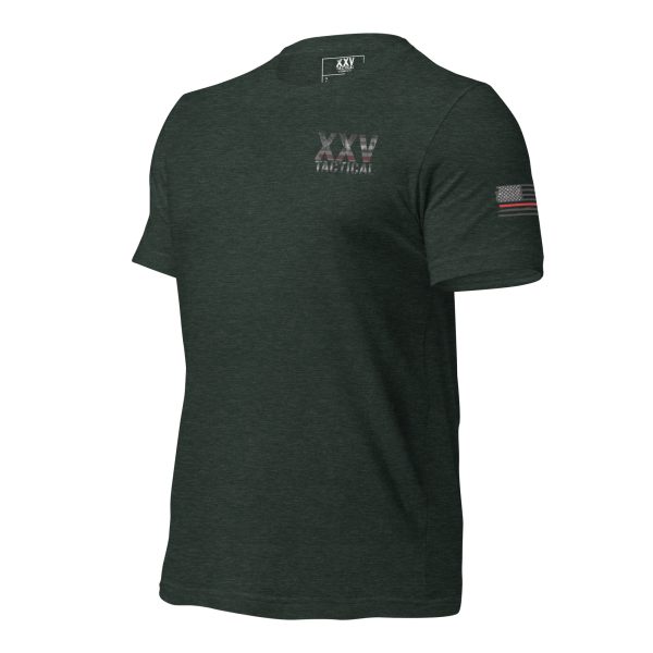 A green XXV Tactical Thin Red Line t-shirt with an american flag on it.