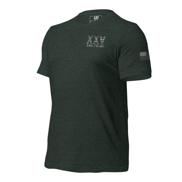 A green XXV Tactical Thin Blue Line t-shirt with the word vax on it.