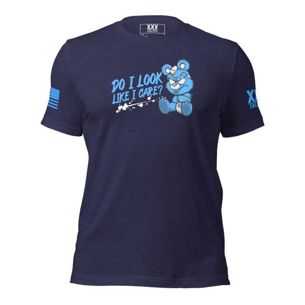 A navy Women's Do I Look Like I Care T-shirt with a bear on it that says do i love you.