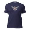 A men's navy t-shirt with an American flag and eagle wings would be called the Men's Eagle T-Shirt.