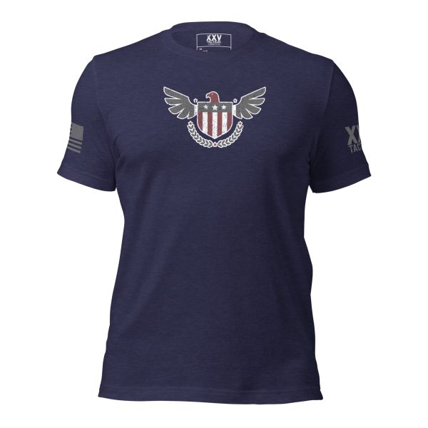 A men's navy t-shirt with an American flag and eagle wings would be called the Men's Eagle T-Shirt.