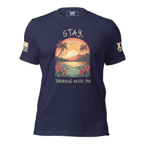 A Stay; Tomorrow Needs You T-Shirt featuring an image of a palm tree silhouetted against a beautiful sunset.