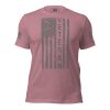 A Women's Distressed Flag Veteran T-Shirt featuring the word "veteran" with a distressed flag design.