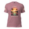 A pink Stay; Tomorrow Needs You T-Shirt with an image of a sunset and palm trees. Stay fashionable with this trendy Stay; Tomorrow Needs You T-Shirt featuring a captivating sunset and palm trees.