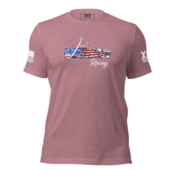 A pink Women’s Josh White Racing Tee with an American flag on it.