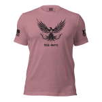 A pink Women's Rise Above Tee with an eagle on it, symbolizing the "Rise Above" mentality.
