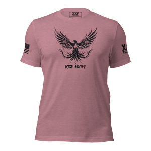 A pink Women's Rise Above Tee with an eagle on it, symbolizing the "Rise Above" mentality.