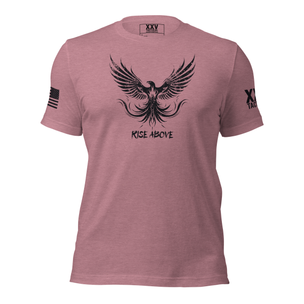 A pink Women's Rise Above Tee with an eagle on it, symbolizing the "Rise Above" mentality.