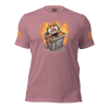 A women's pink t-shirt featuring an image of an octopus in a trash can, creating the Women's Dumpster Fire Tee, a quirky and unique tee.