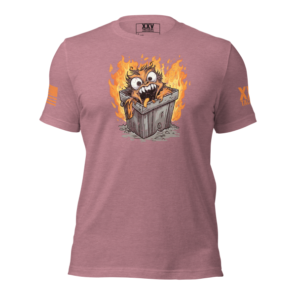 A women's pink t-shirt featuring an image of an octopus in a trash can, creating the Women's Dumpster Fire Tee, a quirky and unique tee.