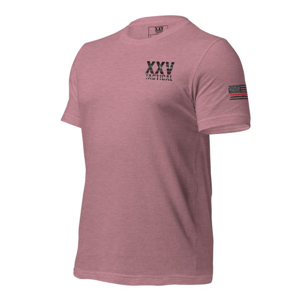 A pink t-shirt with the word XXV Tactical Thin Red Line on it.