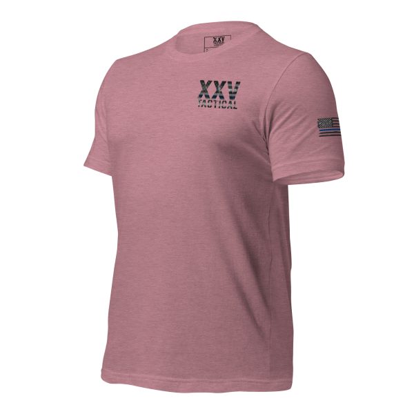 A pink t-shirt with a XXV Tactical Thin Blue Line design featuring the word VX.