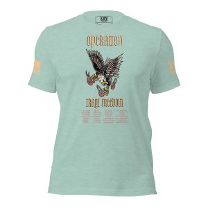A Women's Operation Iraqi Freedom T-Shirt featuring an eagle, inspired by Operation Iraqi Freedom.