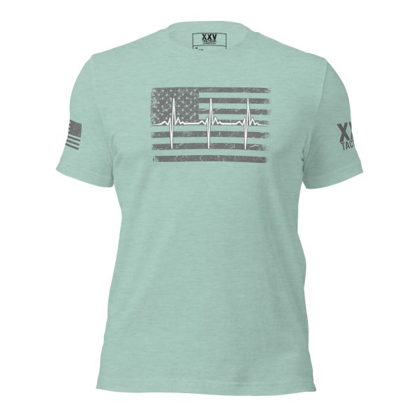 A Women's Thin White Line Healthcare & EMT Tee with an EMT themed ecg heartbeat design.