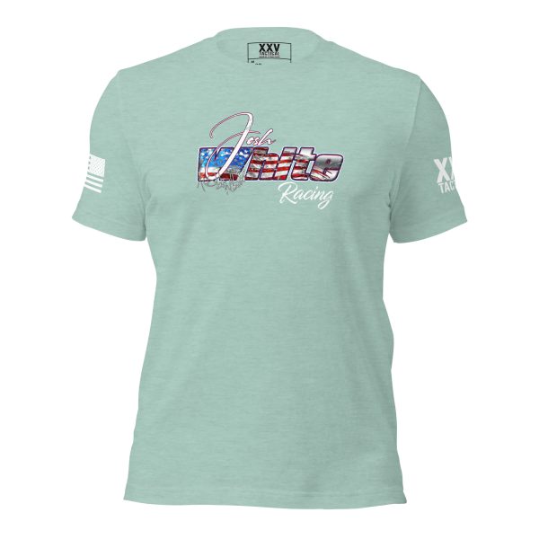 A Women's Josh White Racing Tee with an American flag on it.