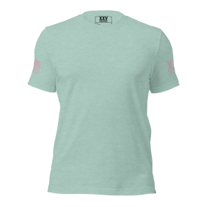 A mint green Women's Crew Neck T-Shirt with a pink heart on it.