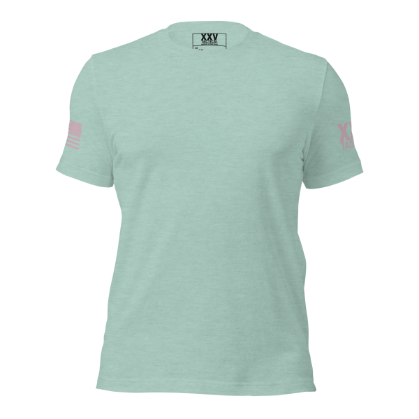 A mint green Women's Crew Neck T-Shirt with a pink heart on it.