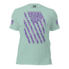 A Women's Distressed Digital Flag Tee in mint green with purple flowers.