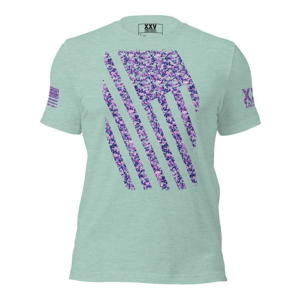 A Women's Distressed Digital Flag Tee in mint green with purple flowers.