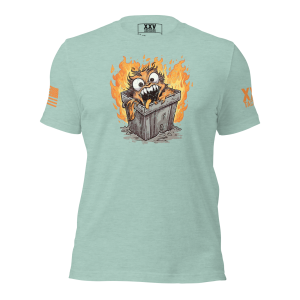 A Women's Dumpster Fire Tee featuring an image of an owl in a trash can.