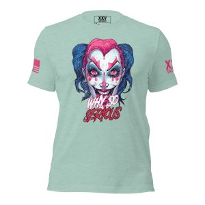 A women's Why So Serious tee with an image of Harley Quinn.