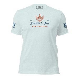 A light blue Women's Fearless & Free Tee that says fashion & fire festival.
