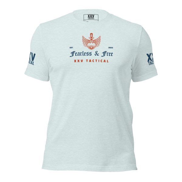 A light blue Women's Fearless & Free Tee that says fashion & fire festival.