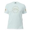 A Women's 1776 Betsy Ross Flag T-Shirt featuring the iconic Betsy Ross flag with gold stars, celebrating the historic year of 1776.