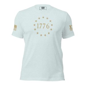 A Women's 1776 Betsy Ross Flag T-Shirt featuring the iconic Betsy Ross flag with gold stars, celebrating the historic year of 1776.