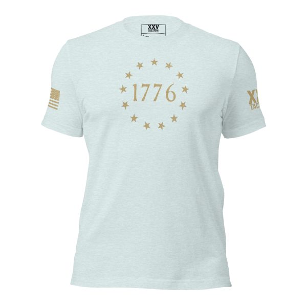 A Women's 1776 Betsy Ross Flag T-Shirt featuring the iconic Betsy Ross flag with gold stars, celebrating the historic year of 1776.