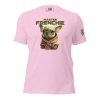 A pink Women's Master Frenchie T-Shirt with a baby yoda on it.