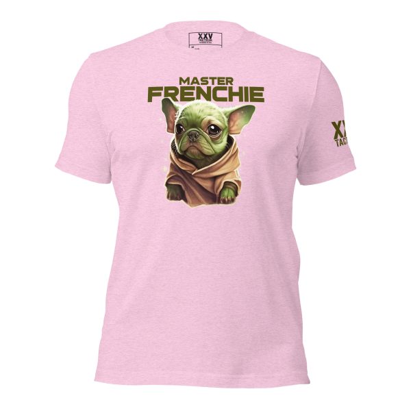 A pink Women's Master Frenchie T-Shirt with a baby yoda on it.