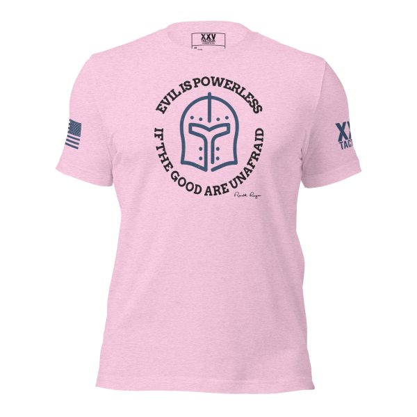 A Women's 'Evil is powerless if the good are unafraid' LEO T-shirt is with the words "spartan spartan spartan spartan s".